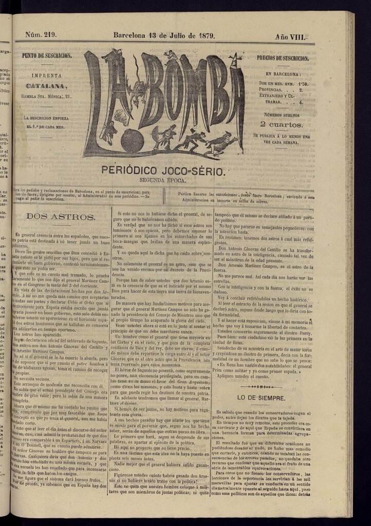 Miniatura de La Bomba: periódico bilingüe joco-serio del 13 de julio de 1879, nº 219