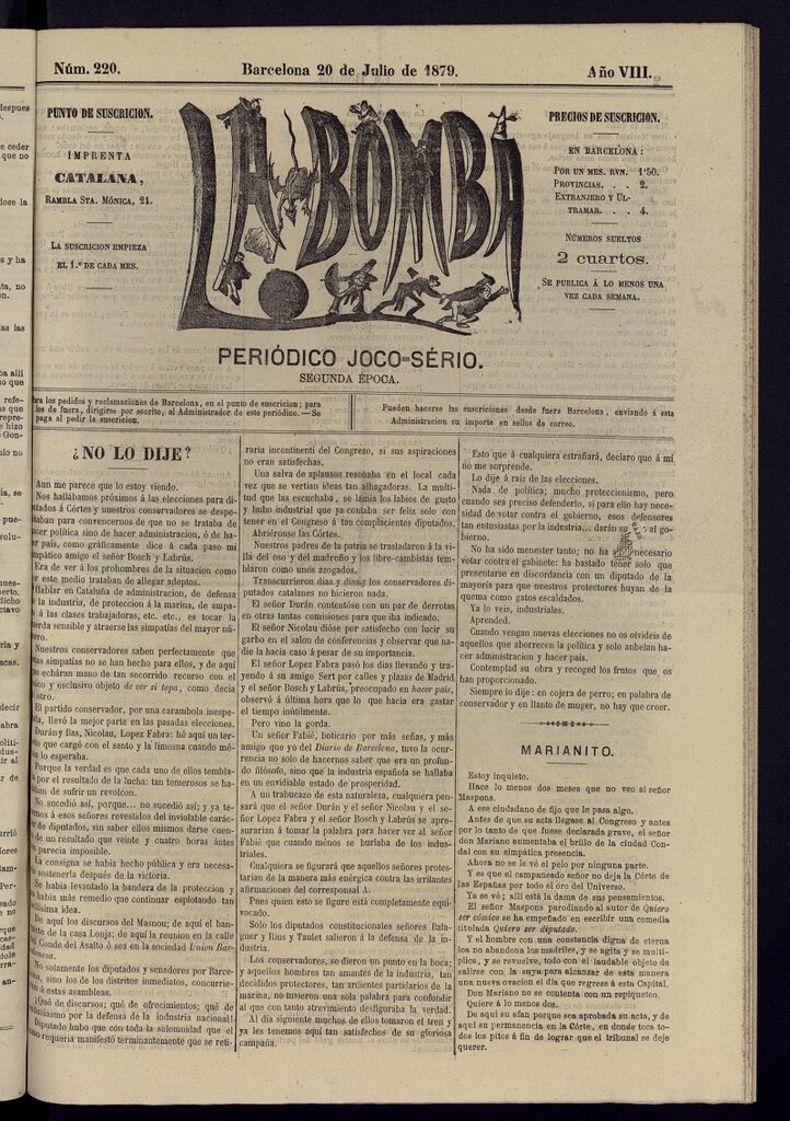 Miniatura de La Bomba: periódico bilingüe joco-serio del 20 de julio de 1879, nº 220