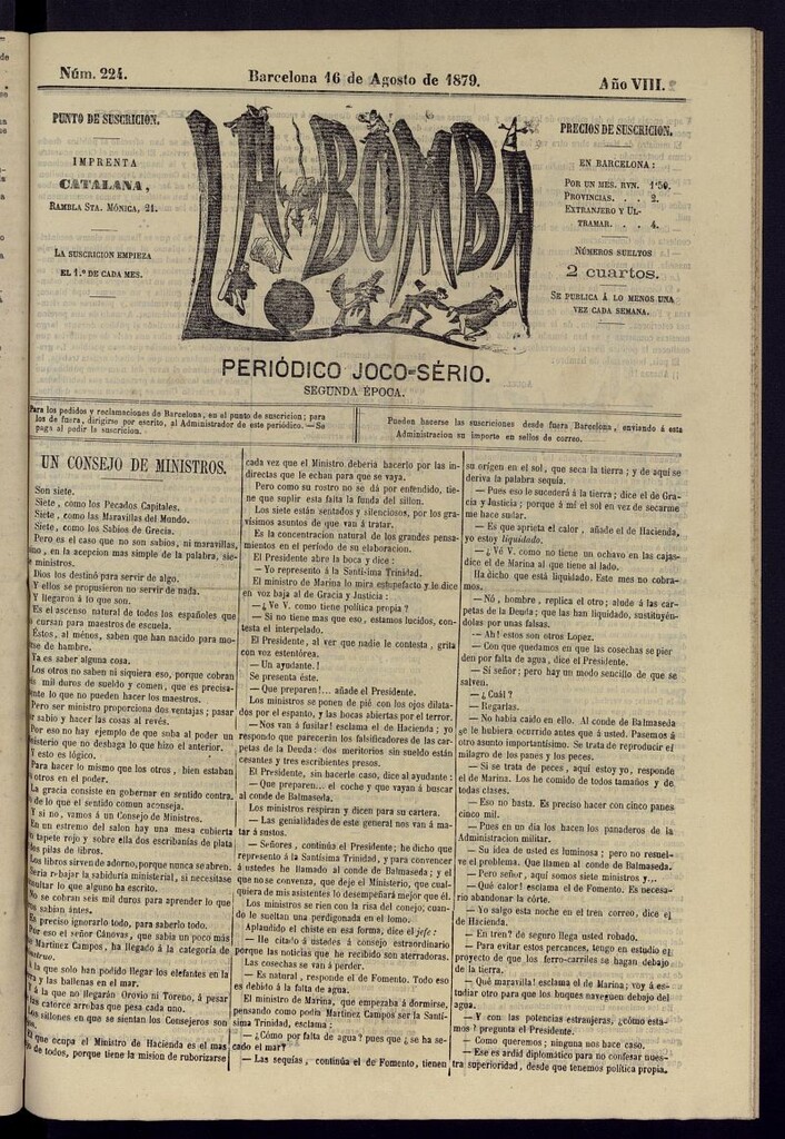 Miniatura de La Bomba: periódico bilingüe joco-serio del 16 de agosto de 1879, nº 224