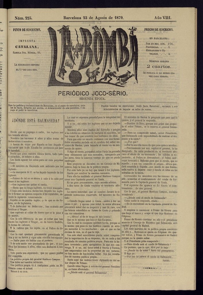 Miniatura de La Bomba: periódico bilingüe joco-serio del 23 de agosto de 1879, nº 225