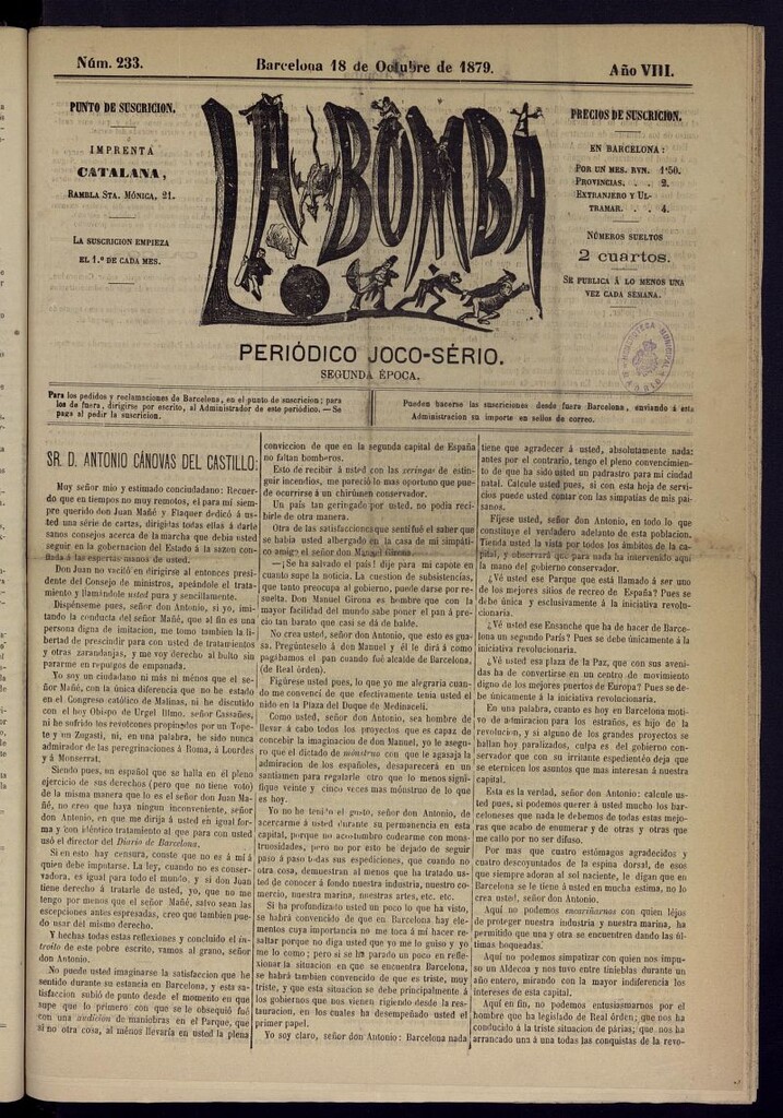 Miniatura de La Bomba: periódico bilingüe joco-serio del 18 de octubre de 1879, nº 233