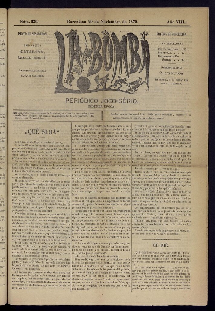 Miniatura de La Bomba: periódico bilingüe joco-serio del 29 de noviembre de 1879, nº 239