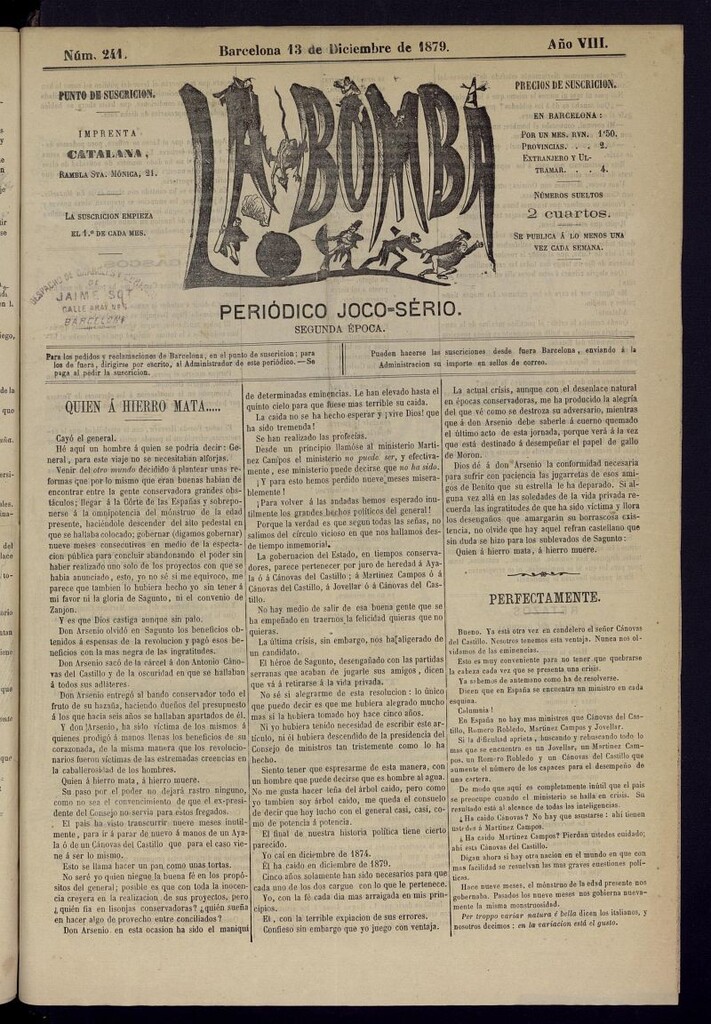 Miniatura de La Bomba: periódico bilingüe joco-serio del 13 de diciembre de 1879, nº 241