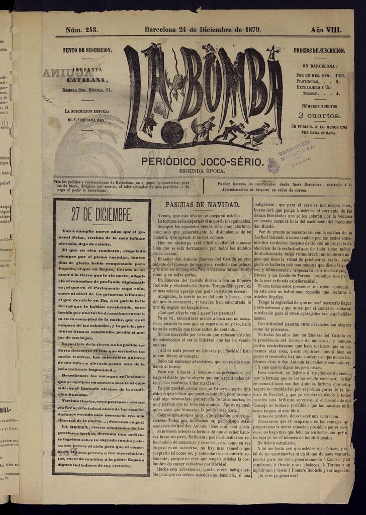 Miniatura de La Bomba: periódico bilingüe joco-serio del 24 de diciembre de 1879, nº 243