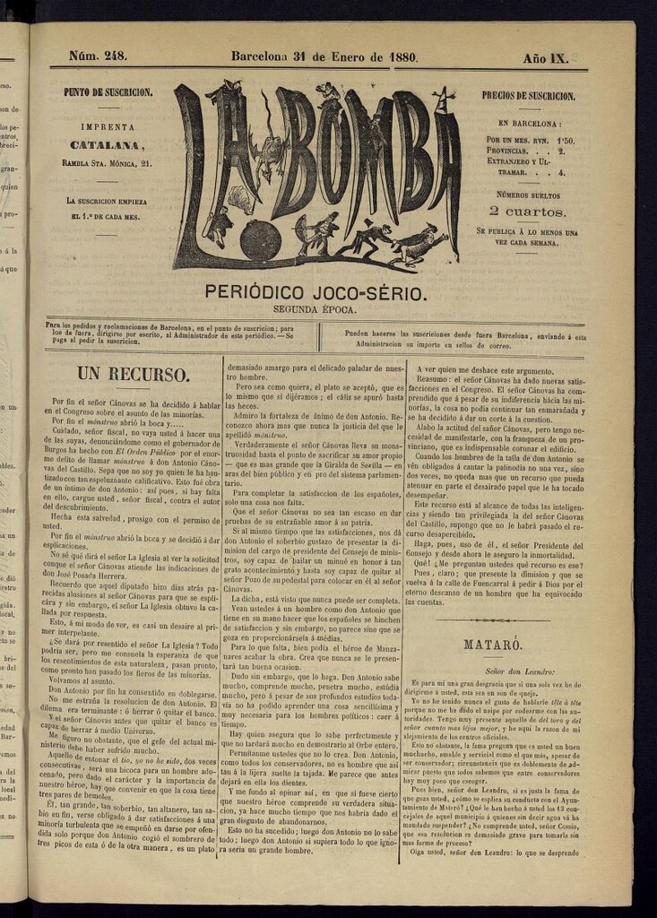 Miniatura de La Bomba: periódico bilingüe joco-serio del 31 de enero de 1880, nº 248