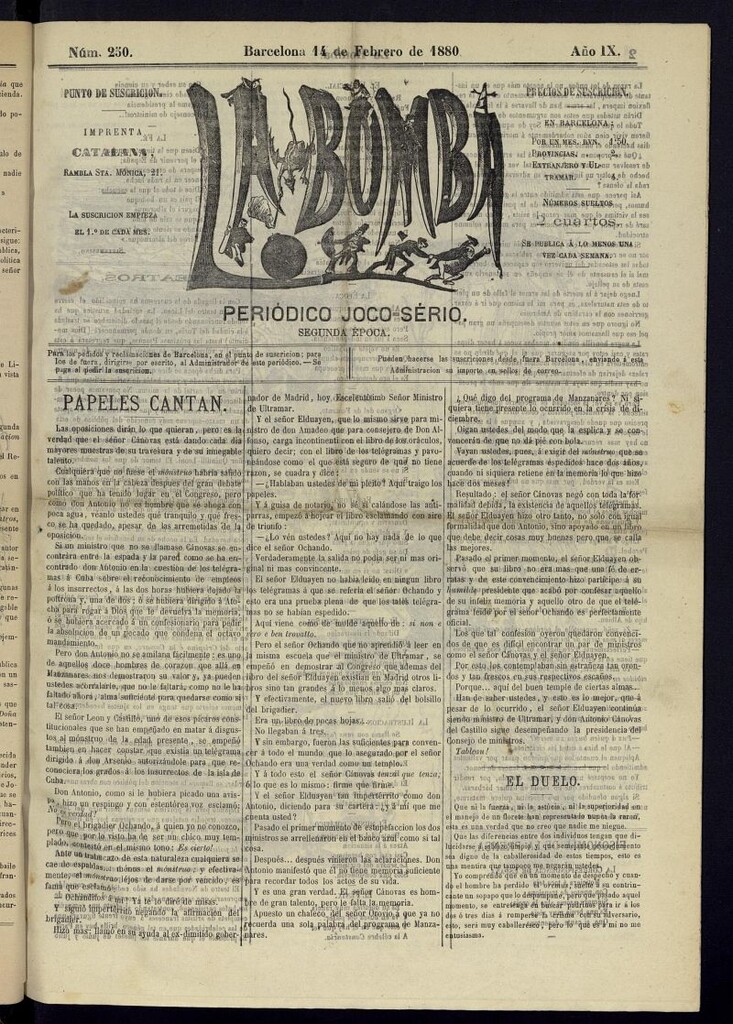 Miniatura de La Bomba: periódico bilingüe joco-serio del domingo 14 de febrero de 1880, nº 250