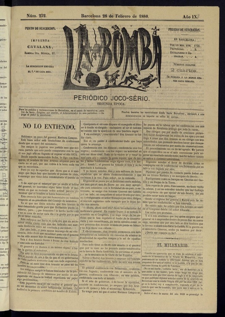 Miniatura de La Bomba: periódico bilingüe joco-serio del domingo 28 de febrero de 1880, nº 252