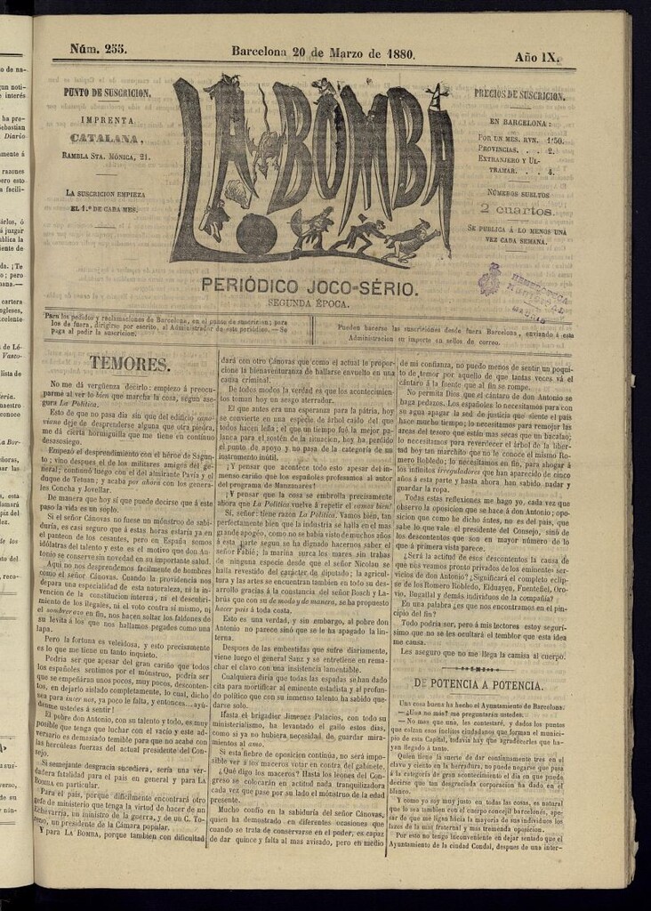 Miniatura de La Bomba: periódico bilingüe joco-serio del domingo 20 de marzo de 1880, n 255