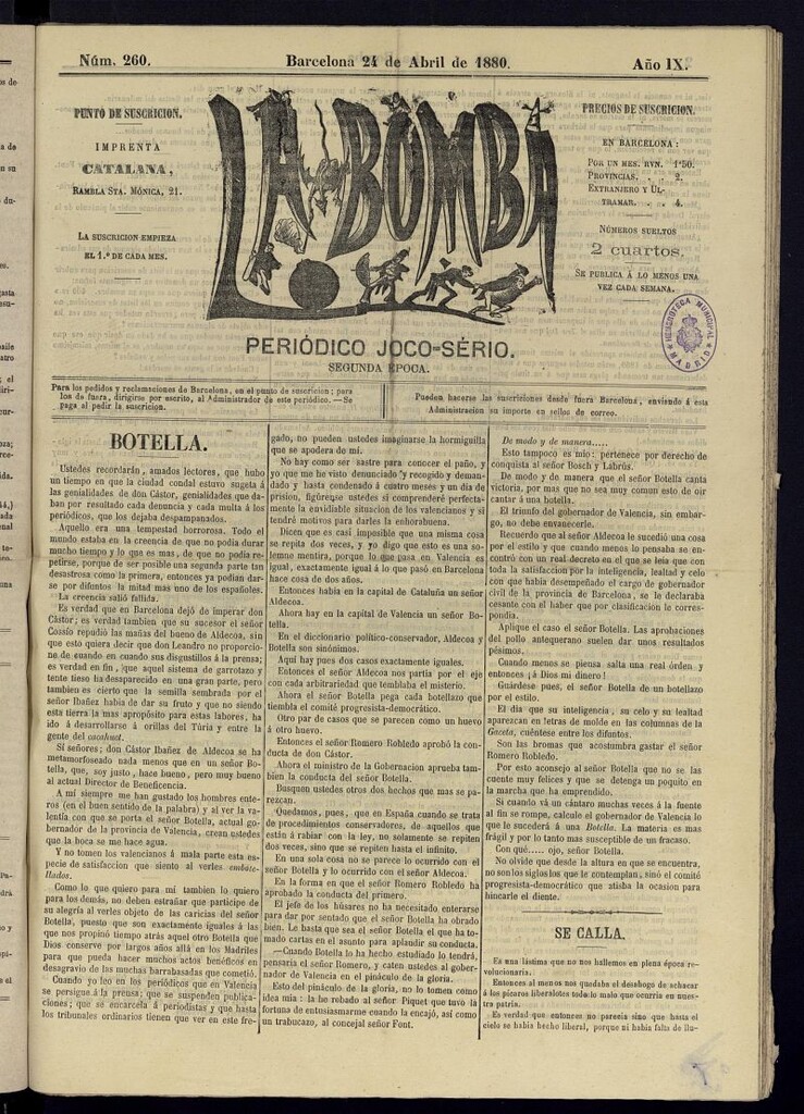 Miniatura de La Bomba: periódico bilingüe joco-serio del domingo 24 de abril de 1880, nº 260