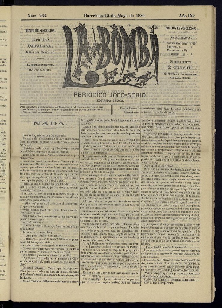 Miniatura de La Bomba: periódico bilingüe joco-serio del domingo 15 de mayo de 1880, nº 263