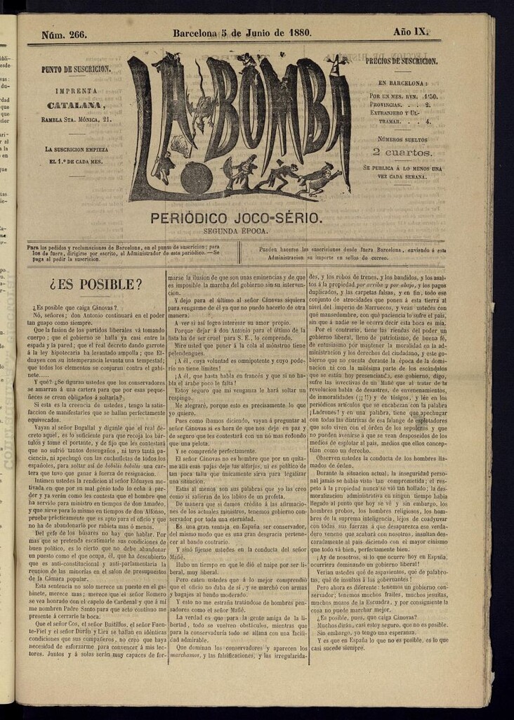 Miniatura de La Bomba: periódico bilingüe joco-serio del domingo 5 de junio de 1880, nº 266