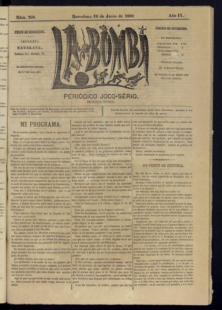 Miniatura de La Bomba: periódico bilingüe joco-serio del domingo 19 de junio de 1880, nº 268