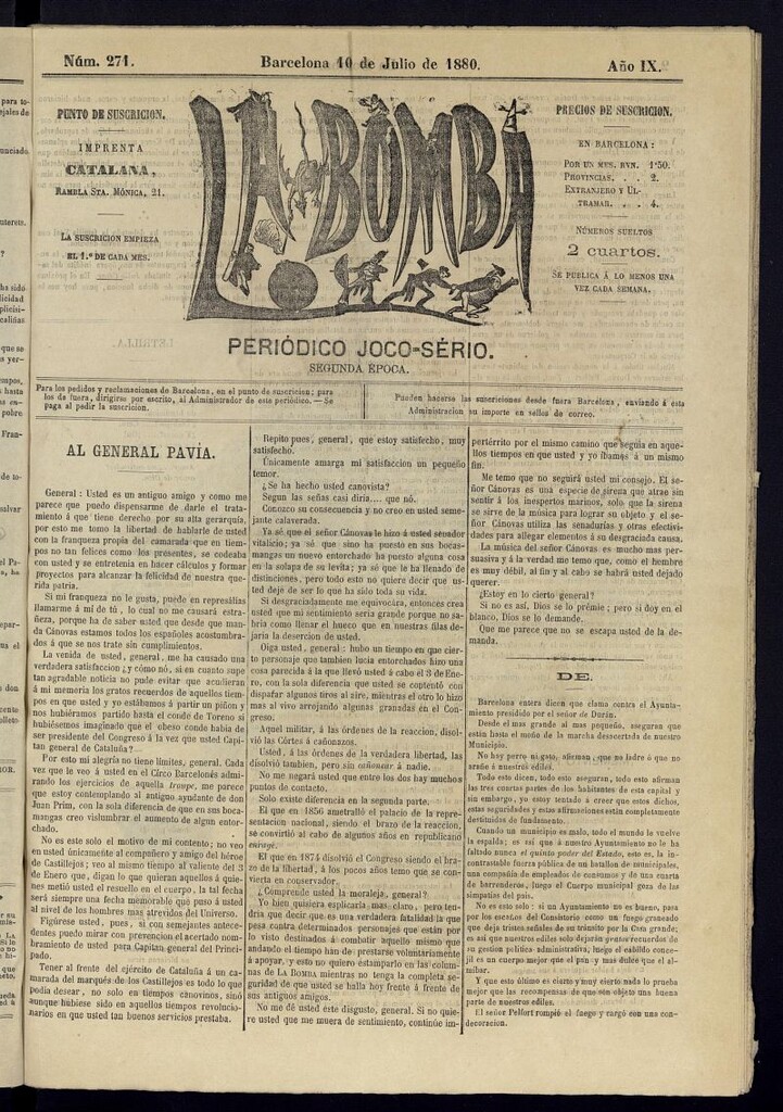 Miniatura de La Bomba: periódico bilingüe joco-serio dek domingo 10 de julio de 1880, nº 271