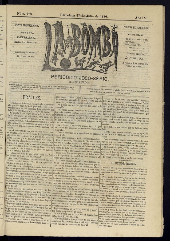 Miniatura de La Bomba: periódico bilingüe joco-serio del domingo 17 de julio de 1880, nº 272