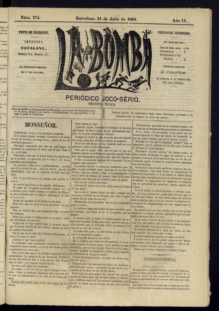 Miniatura de La Bomba: periódico bilingüe joco-serio del domingo 31 de julio de 1880, nº 274