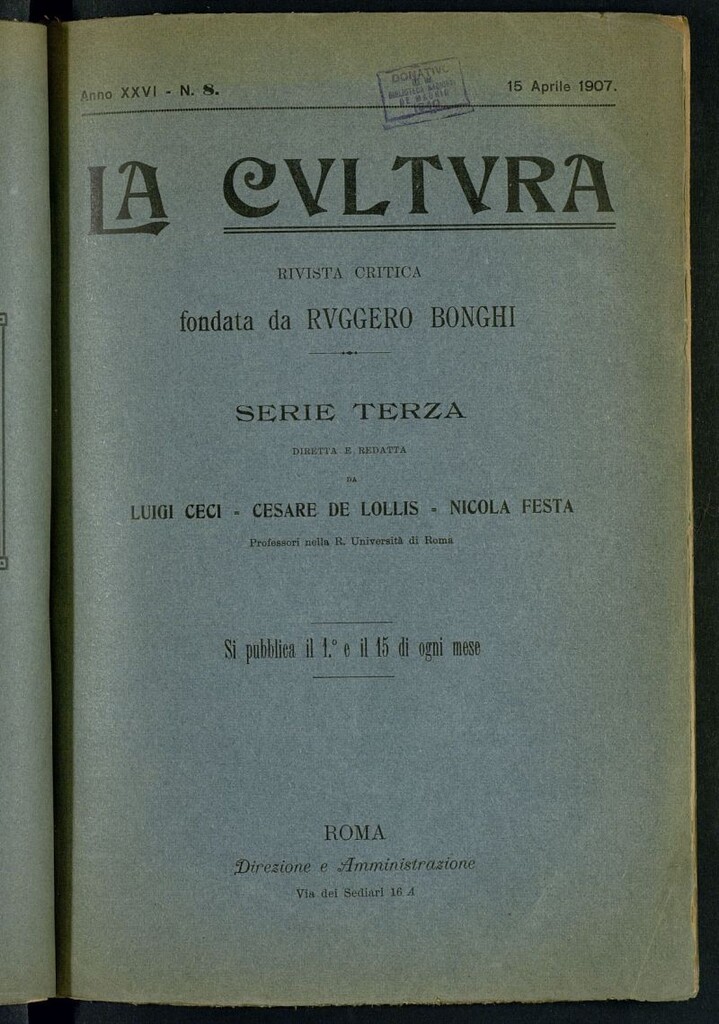 Miniatura de La Cultura : rivista critica, fondata da Ruggero Bonghi. 15 aprile 1907