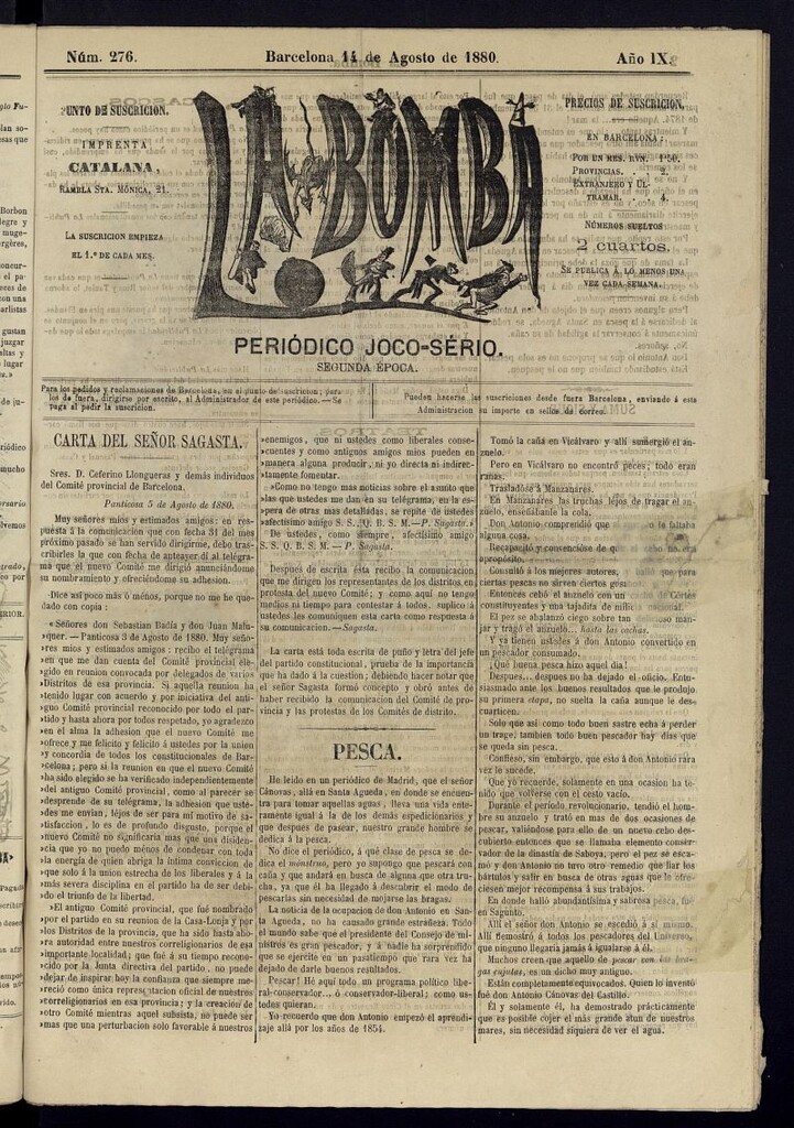 Miniatura de La Bomba: periódico bilingüe joco-serio del domingo 14 de agosto de 1880, nº 276