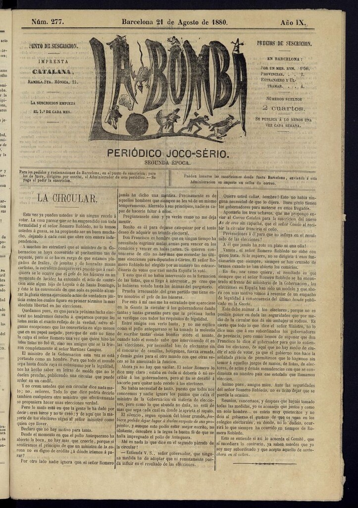 Miniatura de La Bomba: periódico bilingüe joco-serio del domingo 21 de agosto de 1880, nº 277