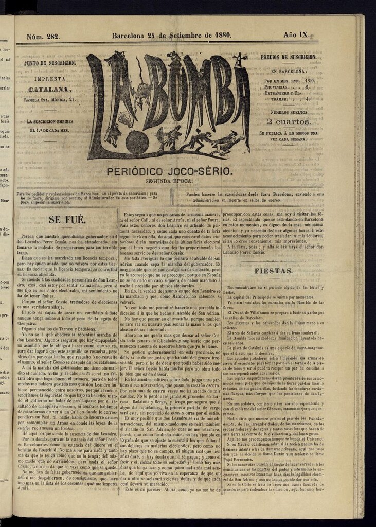 Miniatura de La Bomba: periódico bilingüe joco-serio del domingo 24 de septiembre de 1880, nº 282