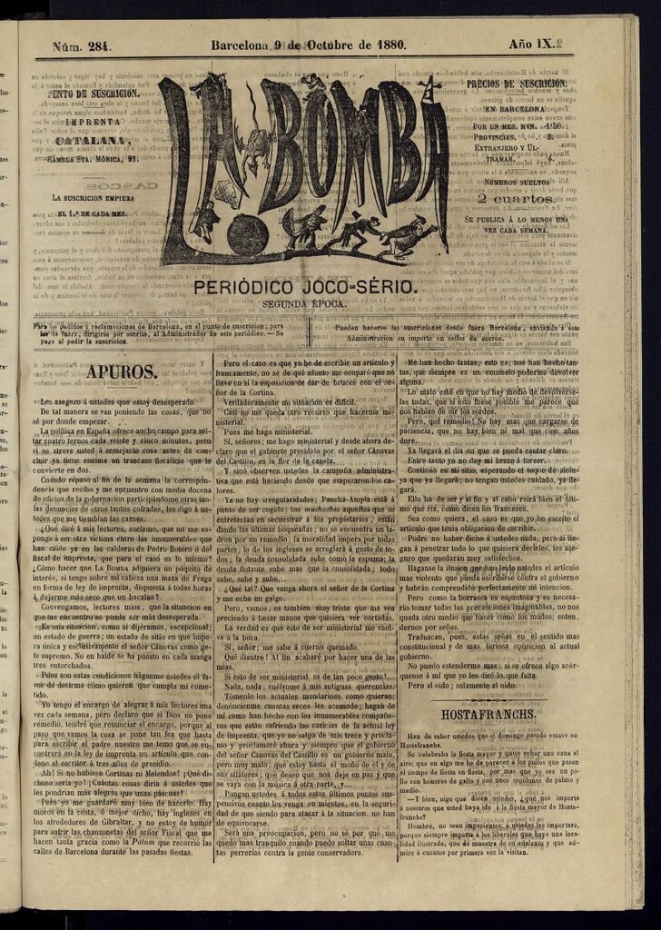 Miniatura de La Bomba: periódico bilingüe joco-serio del domingo 9 de octubre de 1880, nº 284