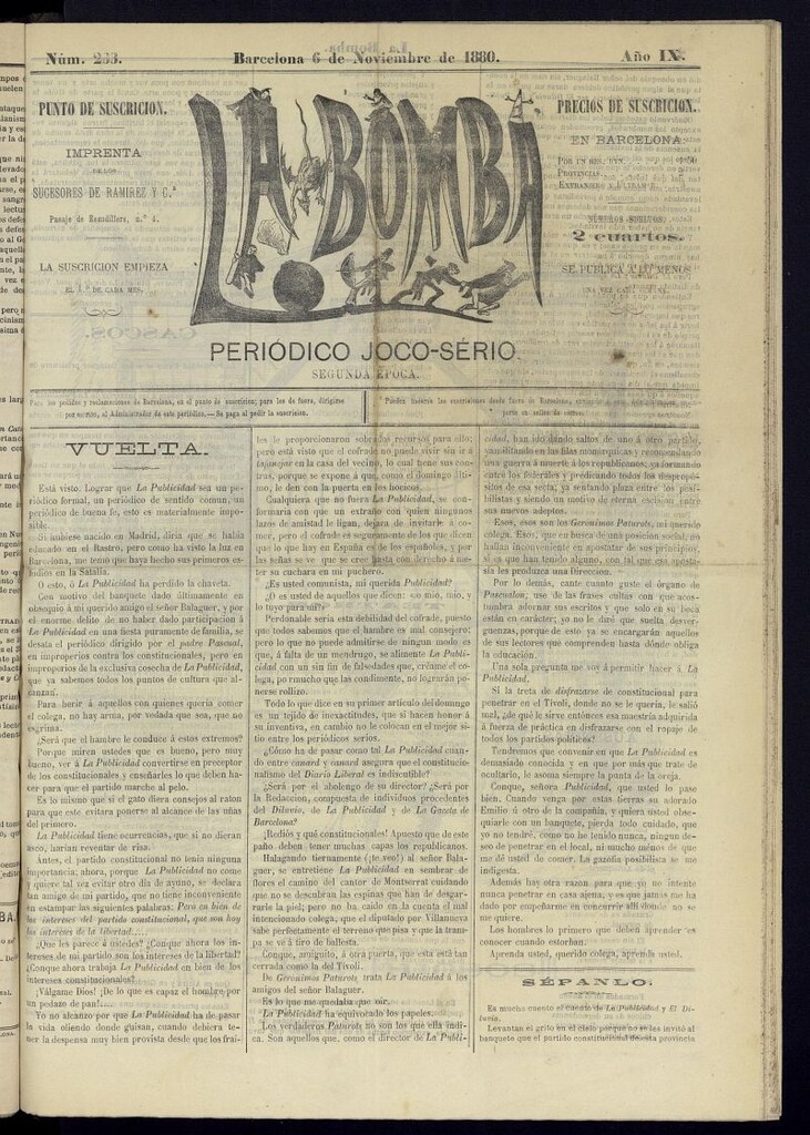 Miniatura de La Bomba: periódico bilingüe joco-serio del domingo 6 de noviembre de 1880, n 288