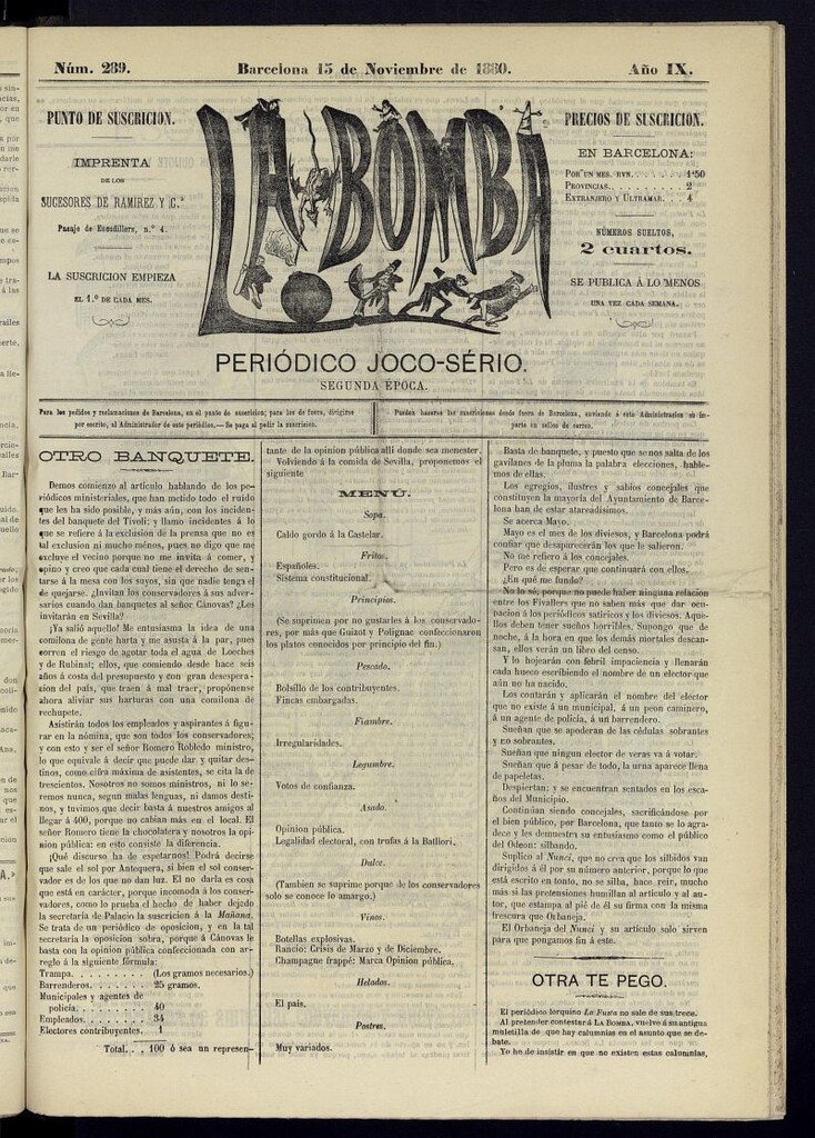 Miniatura de La Bomba: periódico bilingüe joco-serio del domingo 15 de noviembre de 1880, nº 289