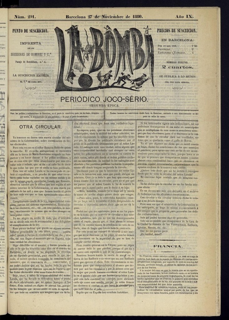 Miniatura de La Bomba: periódico bilingüe joco-serio del domingo 27 de noviembre de 1880, nº 291