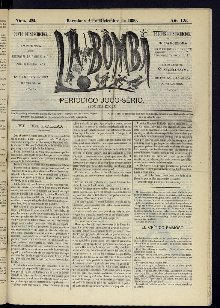 Miniatura de La Bomba: periódico bilingüe joco-serio del domingo 4 de diciembre de 1880, nº 292