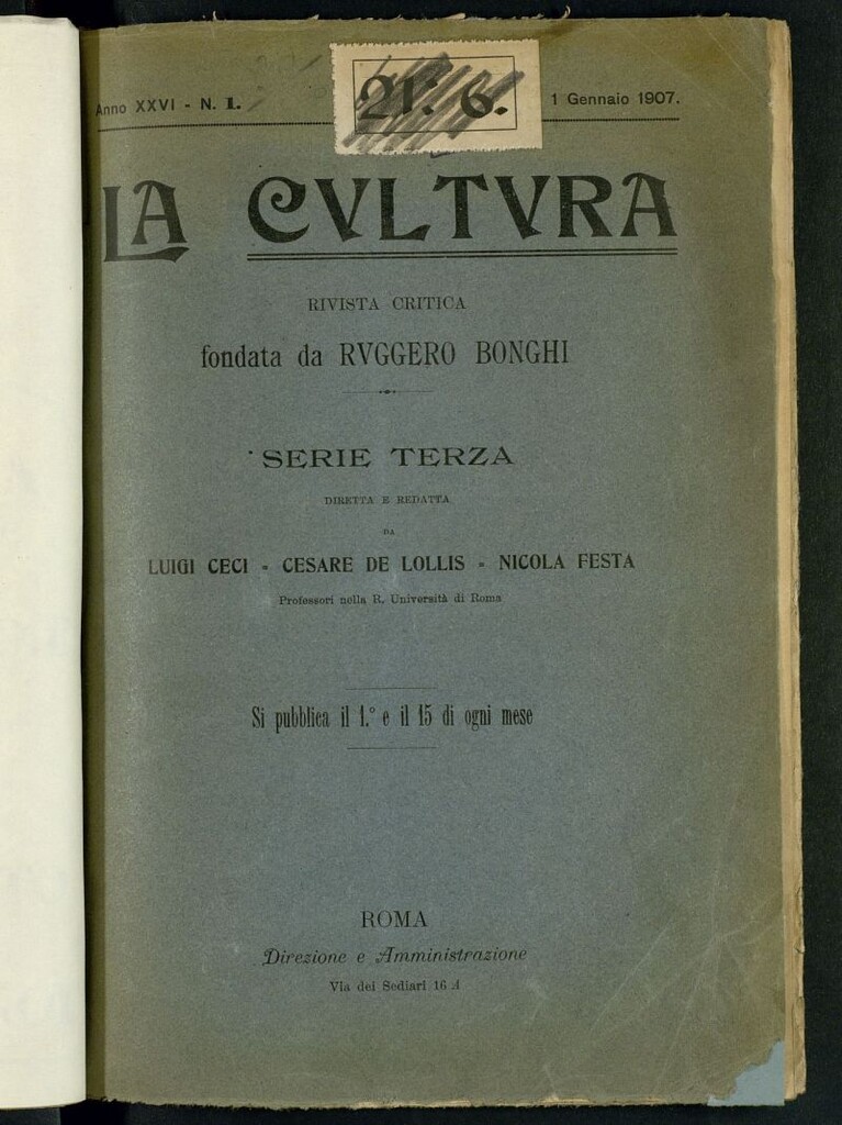 Miniatura de La Cultura : rivista critica, fondata da Ruggero Bonghi. 1 Gennanio 1907