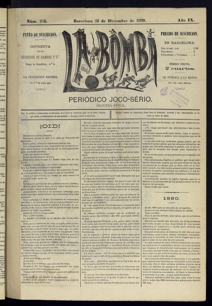 Miniatura de La Bomba: periódico bilingüe joco-serio del domingo 23 de diciembre de 1880, nº 295