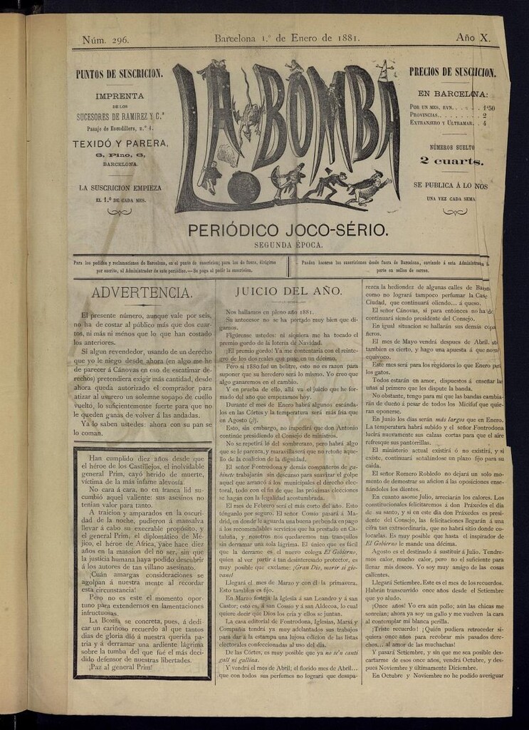 Miniatura de La Bomba: periódico bilingüe joco-serio del domingo 1 de enero de 1881, n 296