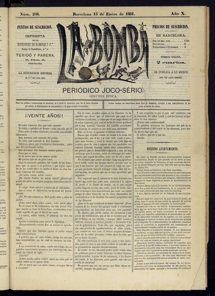Miniatura de La Bomba: periódico bilingüe joco-serio del domingo 15 de enero de 1881, nº 298