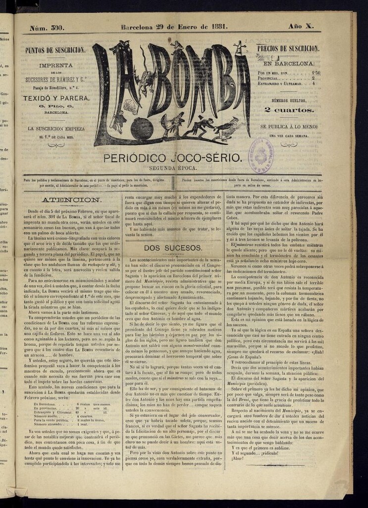 Miniatura de La Bomba: periódico bilingüe joco-serio del domingo 29 de enero de 1881, nº 300