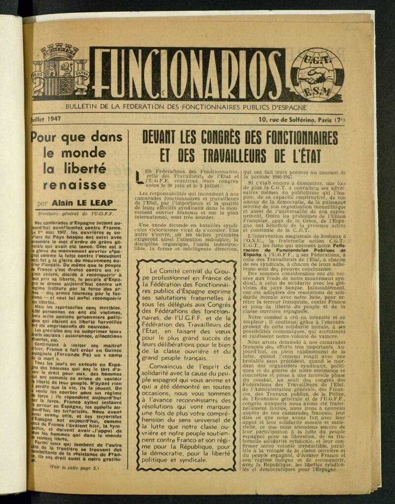 Miniatura de Funcionarios : Bulletin de la Federation des Fonctionnaires Publics d´Espagne. Julliet 1947