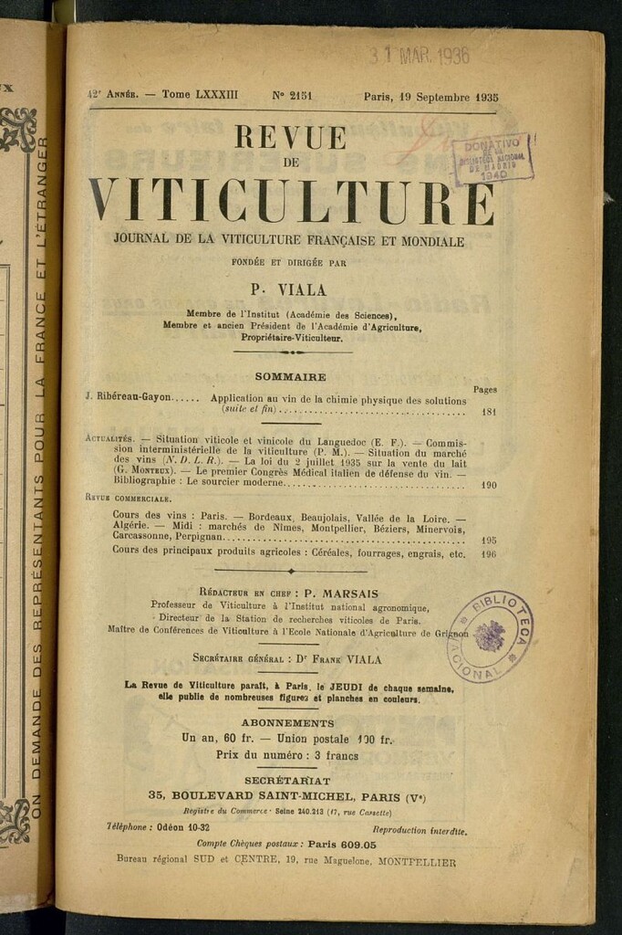 Miniatura de Revue de Viticulture : organe de l´Agriculture des régions viticoles. 19 septembre 1935