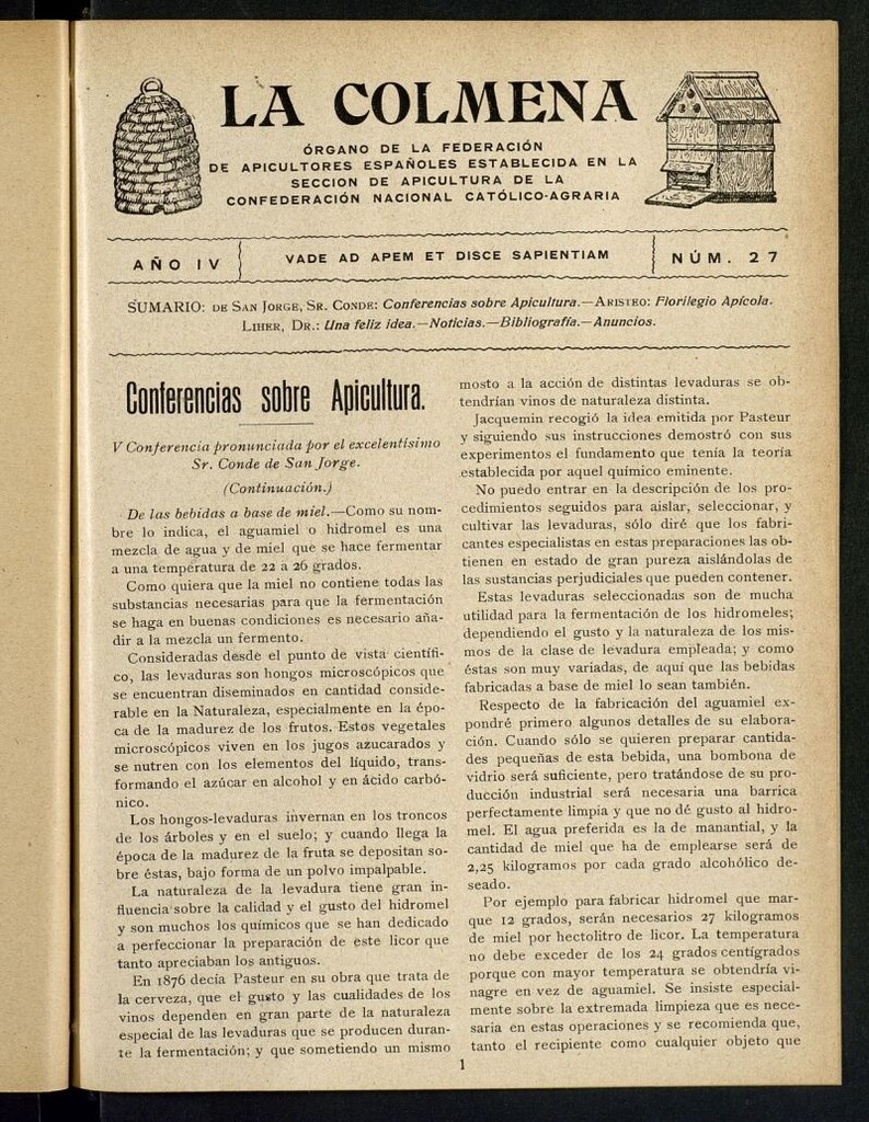 Miniatura de La Colmena : órgano de la Federación de Apicultores españoles establecida en la sección de apicultura de la Confederación Nacional Católico-Agraria. Nº 27