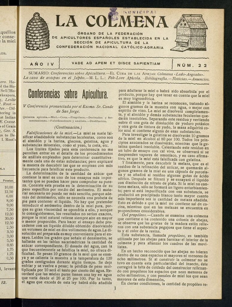 Miniatura de La Colmena : órgano de la Federación de Apicultores españoles establecida en la sección de apicultura de la Confederación Nacional Católico-Agraria. Nº 22