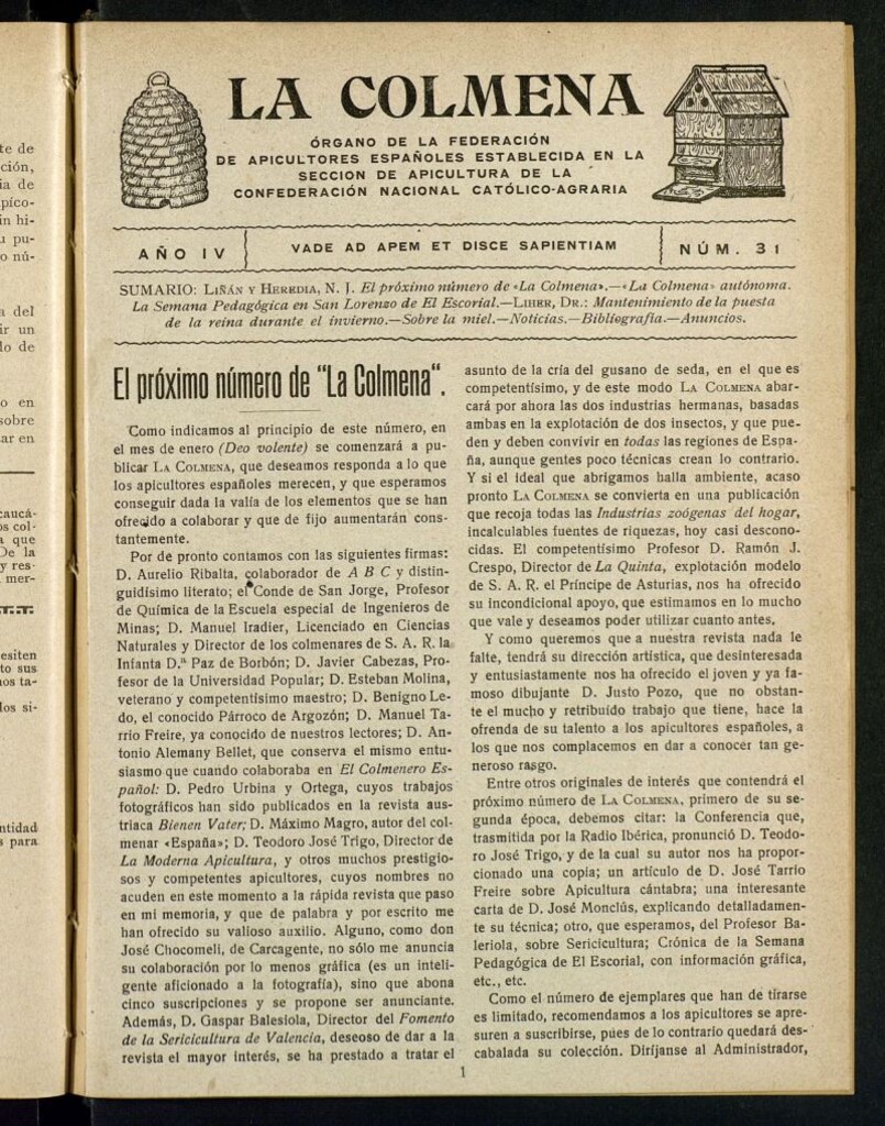 Miniatura de La Colmena : órgano de la Federación de Apicultores españoles establecida en la sección de apicultura de la Confederación Nacional Católico-Agraria. Nº 31