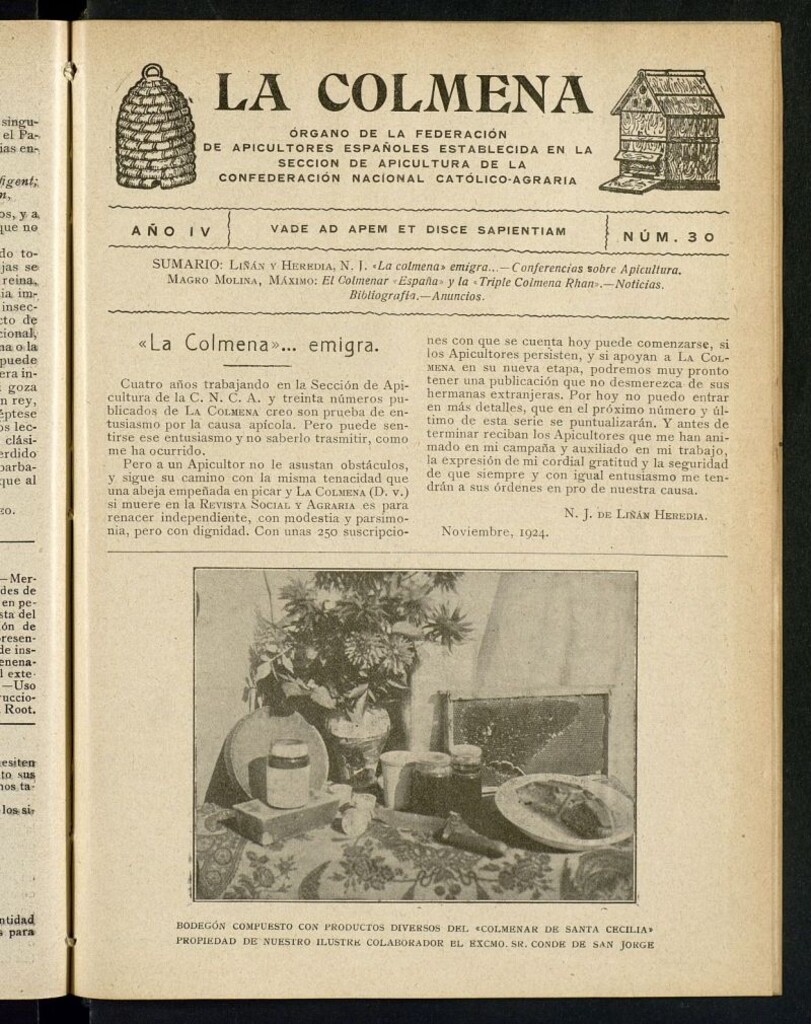 Miniatura de La Colmena : órgano de la Federación de Apicultores españoles establecida en la sección de apicultura de la Confederación Nacional Católico-Agraria. Nº 30
