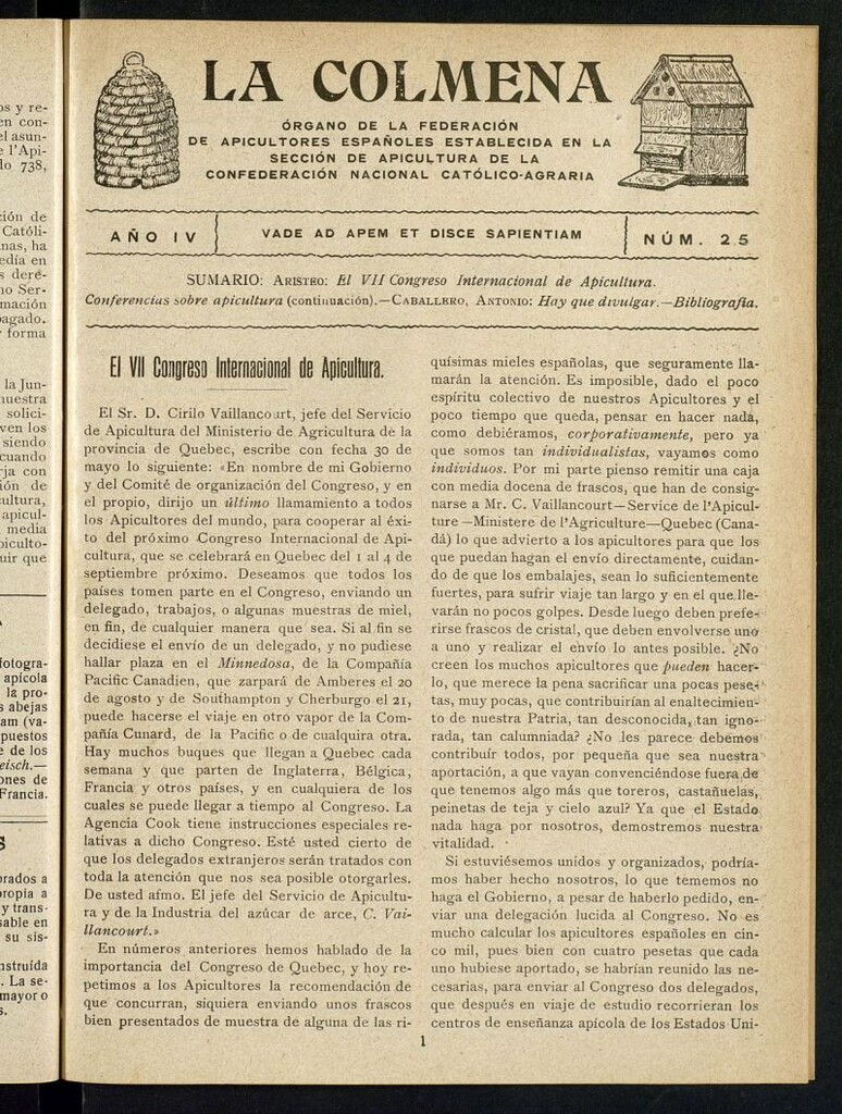 Miniatura de La Colmena : órgano de la Federación de Apicultores españoles establecida en la sección de apicultura de la Confederación Nacional Católico-Agraria. Nº 25
