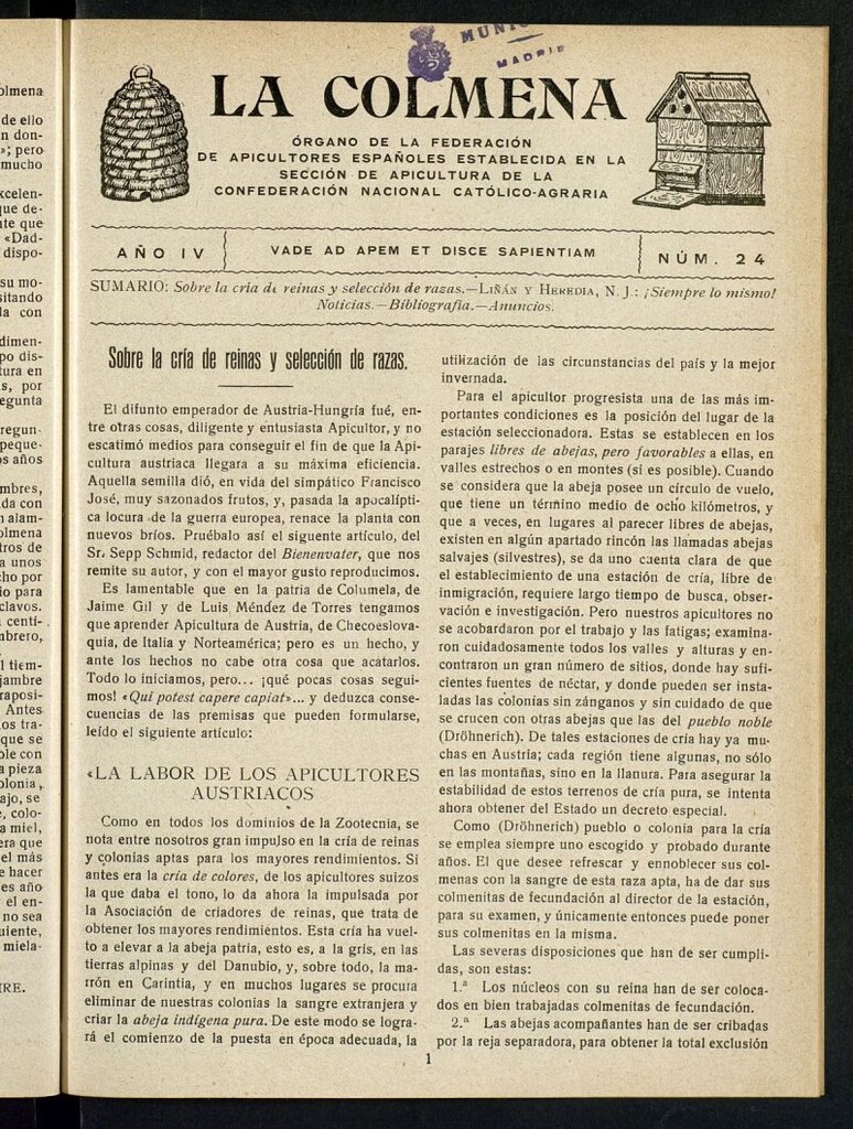 Miniatura de La Colmena : órgano de la Federación de Apicultores españoles establecida en la sección de apicultura de la Confederación Nacional Católico-Agraria. Nº 24