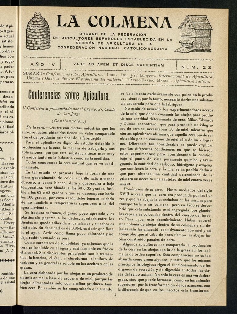 Miniatura de La Colmena : órgano de la Federación de Apicultores españoles establecida en la sección de apicultura de la Confederación Nacional Católico-Agraria. Nº 23