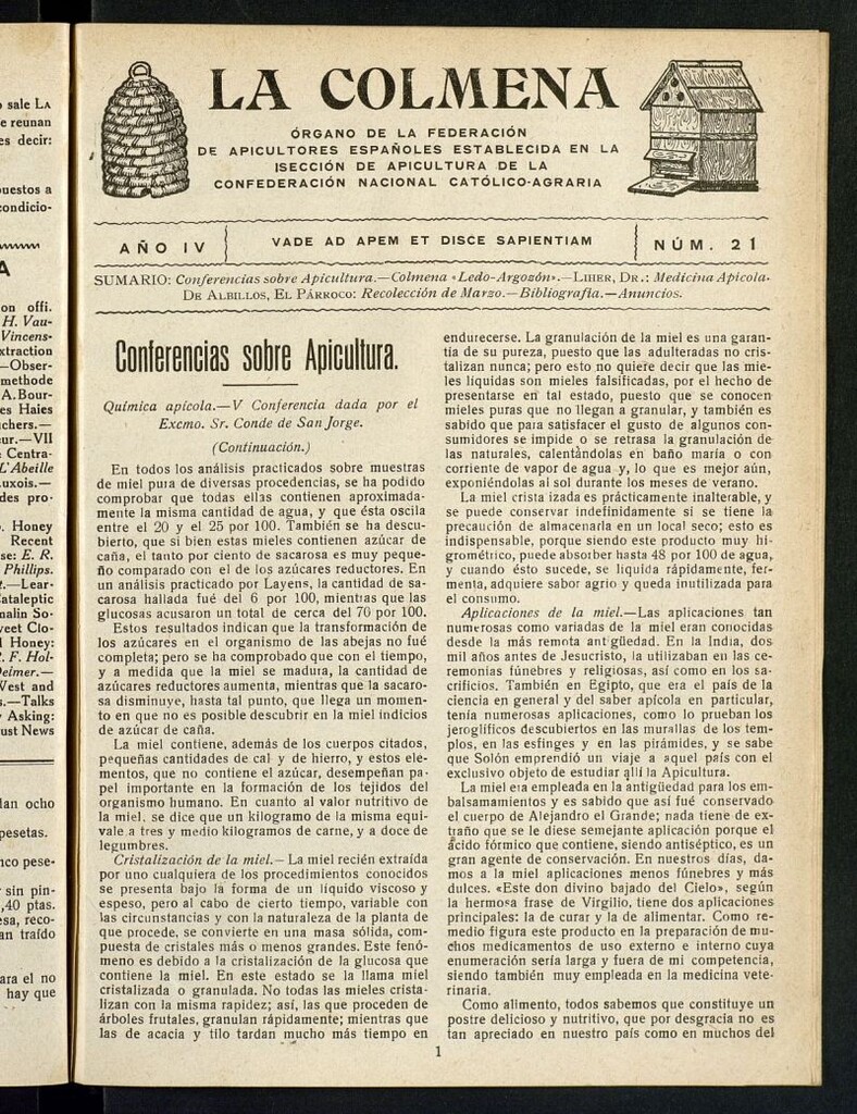 Miniatura de La Colmena : órgano de la Federación de Apicultores españoles establecida en la sección de apicultura de la Confederación Nacional Católico-Agraria. Nº 21