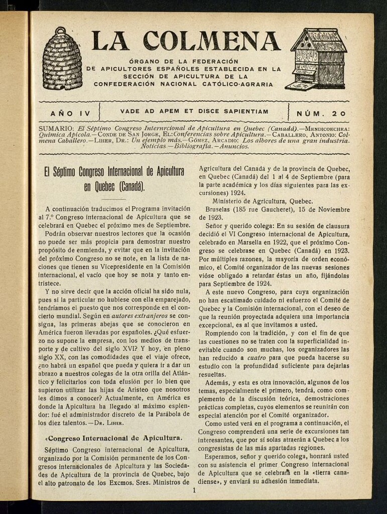 Miniatura de La Colmena : órgano de la Federación de Apicultores españoles establecida en la sección de apicultura de la Confederación Nacional Católico-Agraria. Nº 20