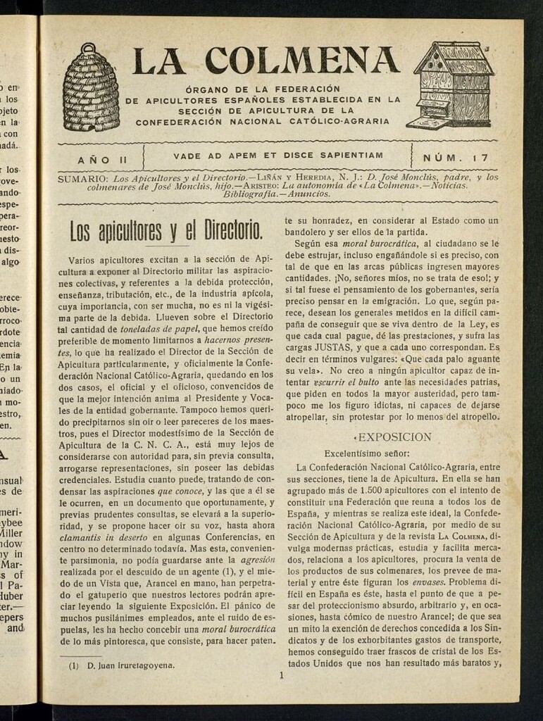 Miniatura de La Colmena : órgano de la Federación de Apicultores españoles establecida en la sección de apicultura de la Confederación Nacional Católico-Agraria. Nº 17