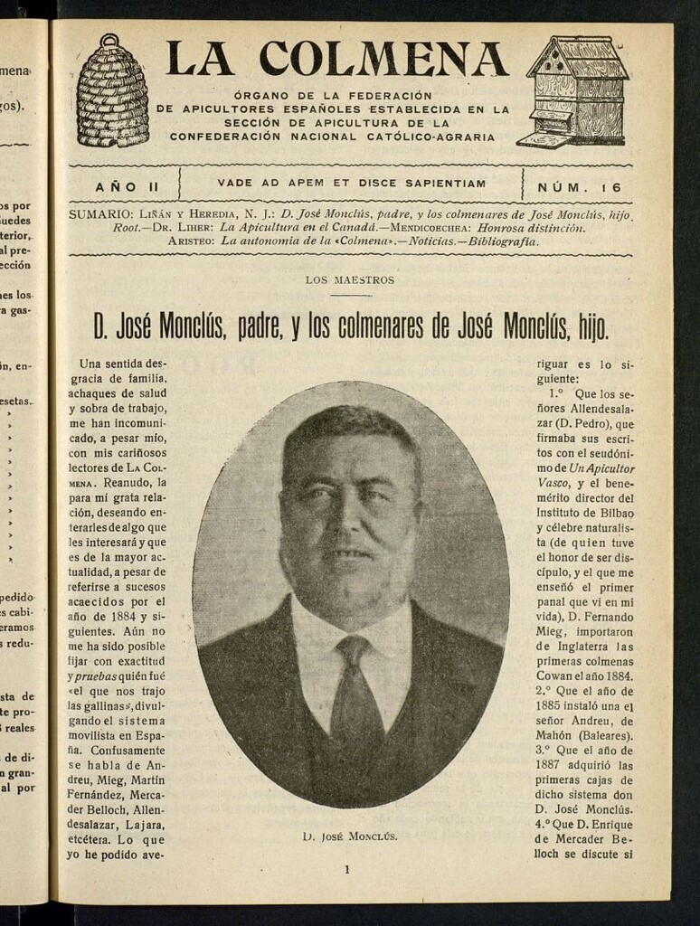 Miniatura de La Colmena : órgano de la Federación de Apicultores españoles establecida en la sección de apicultura de la Confederación Nacional Católico-Agraria. Nº 16