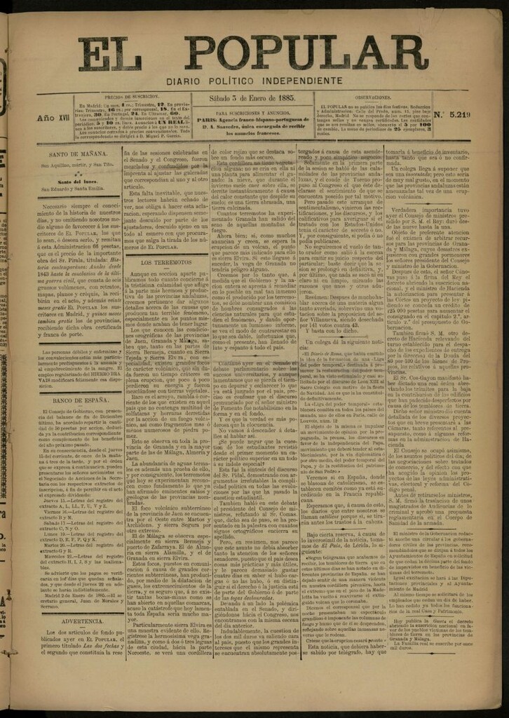 Miniatura de El Popular: diario independiente, político, literario y de noticias de interés general del 3 de enero de 1885, nº 5219