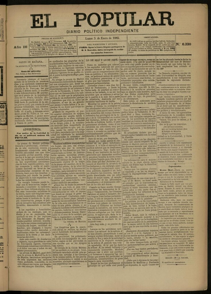 Miniatura de El Popular: diario independiente, político, literario y de noticias de interés general del 5 de enero de 1885, nº 6220