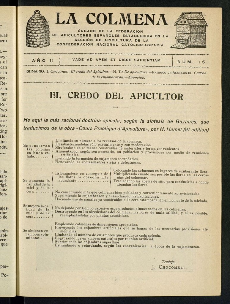 Miniatura de La Colmena : órgano de la Federación de Apicultores españoles establecida en la sección de apicultura de la Confederación Nacional Católico-Agraria. Nº 15