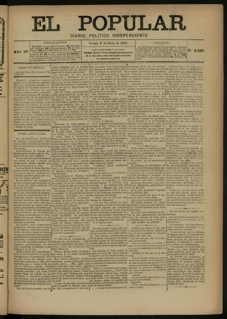 Miniatura de El Popular: diario independiente, político, literario y de noticias de interés general del 9 de enero de 1885, nº 6223